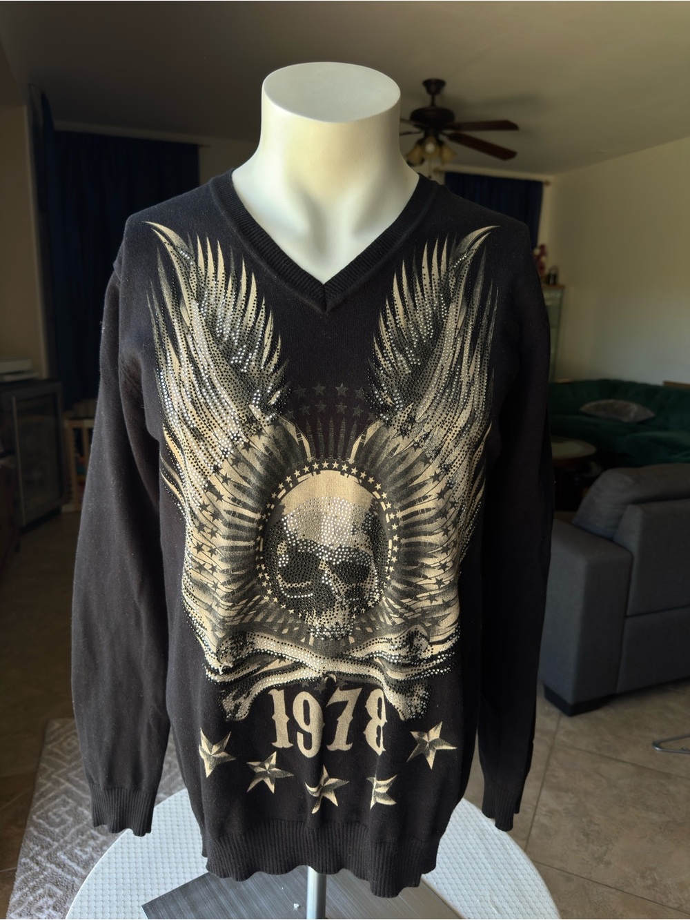 Vintage Philipp Plein Black V-Neck Sweater with Gold Skull & Wings